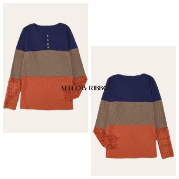 🆕 Color Block Ribbed Lace Splicing Color Block Long Sleeve Top | Size: L - Picture 3 of 4
